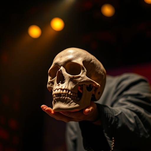 Szene aus der Aufführung von Hamlet mit dem Titelhelden, der einen Totenschädel betrachtet.